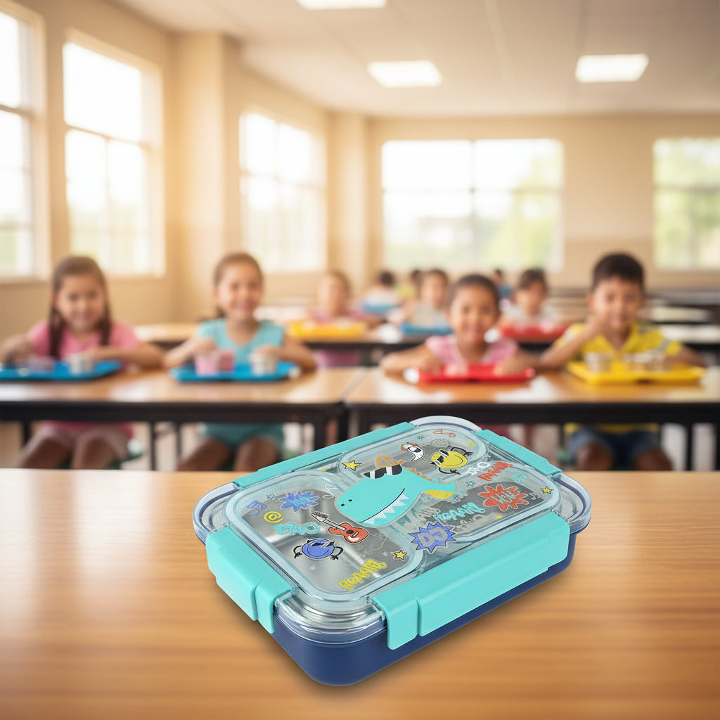 Premium Stainless Steel Bento Lunch Box for Kids | 710ml (23.5oz) | Leak-Proof 3 Compartment | BPA-Free | Dino Print.