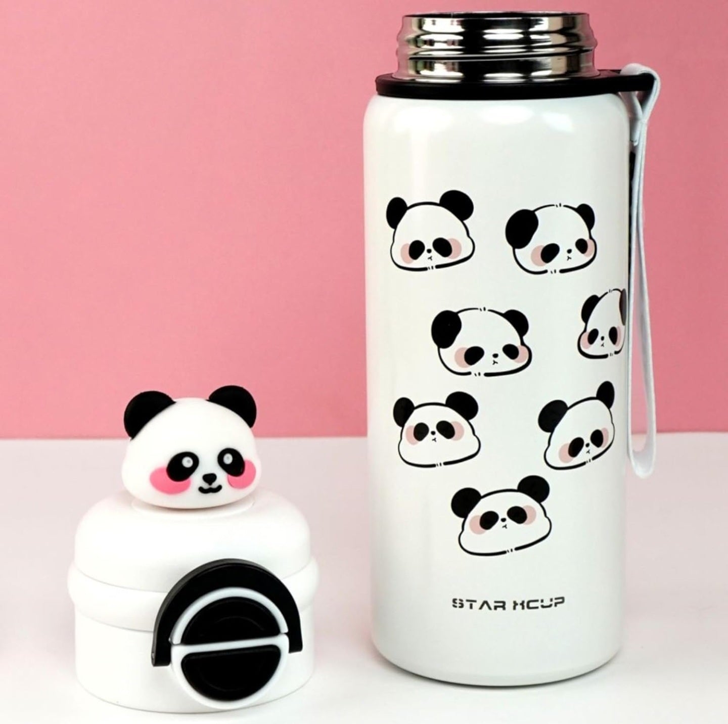 Cute Panda Water Bottle for School Kids (500ml) | Leak-Proof | Flip Cap & Strap |Dual Cap | Stainless Steel Bottle for Boys & Girls (White)