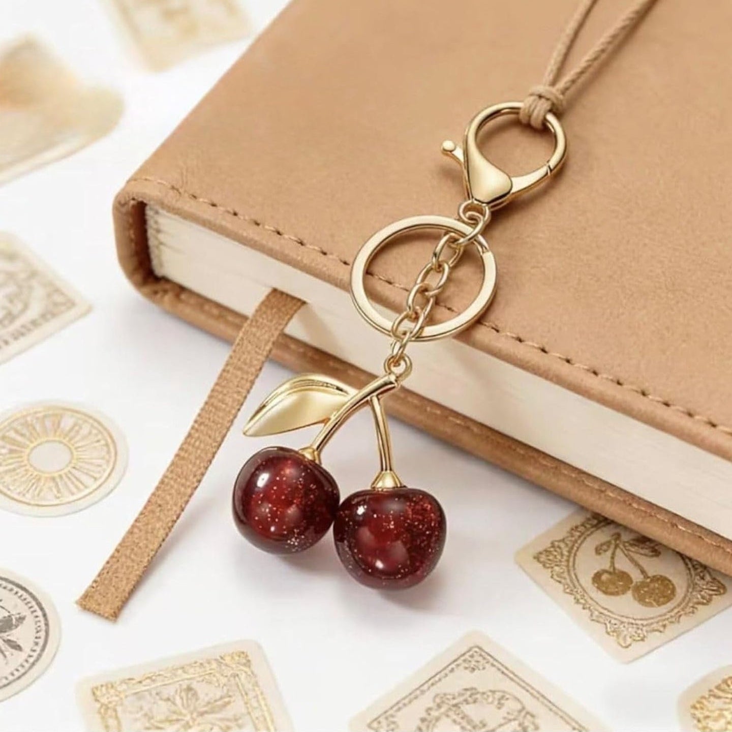 Glitter Cherry Keychain, Red Crystal Resin Charm, Gold-Tone Metal Leaf, Lobster Clasp, 67mm Pendant, Bag Accessory