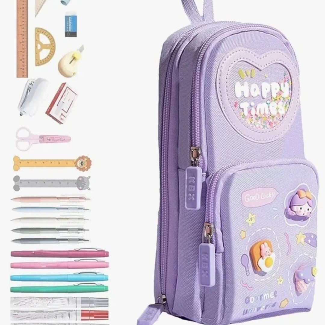 Cute Kawaii 3-Compartment Pencil Pouch – Heart & Glitter Design