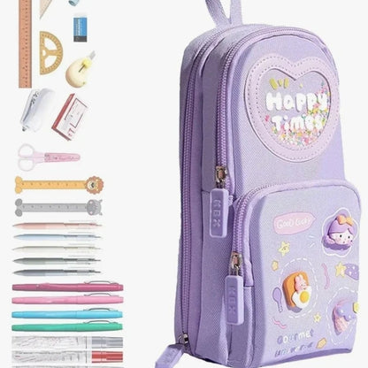Cute Kawaii 3-Compartment Pencil Pouch – Heart & Glitter Design