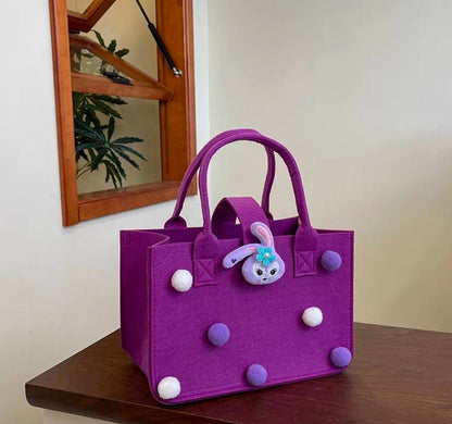 Felt Tote Bag with Pom-Pom Charms & Cute Cartoon Accessories –