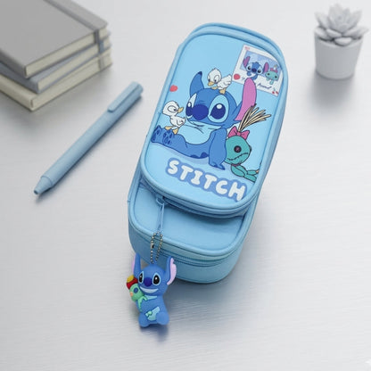 Double-Layer Cartoon Pencil Pouch with Cute Keychain for Kids