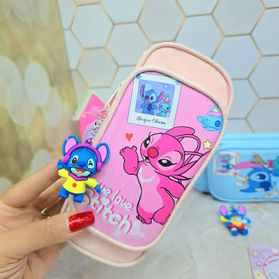 Double-Layer Cartoon Pencil Pouch with Cute Keychain for Kids