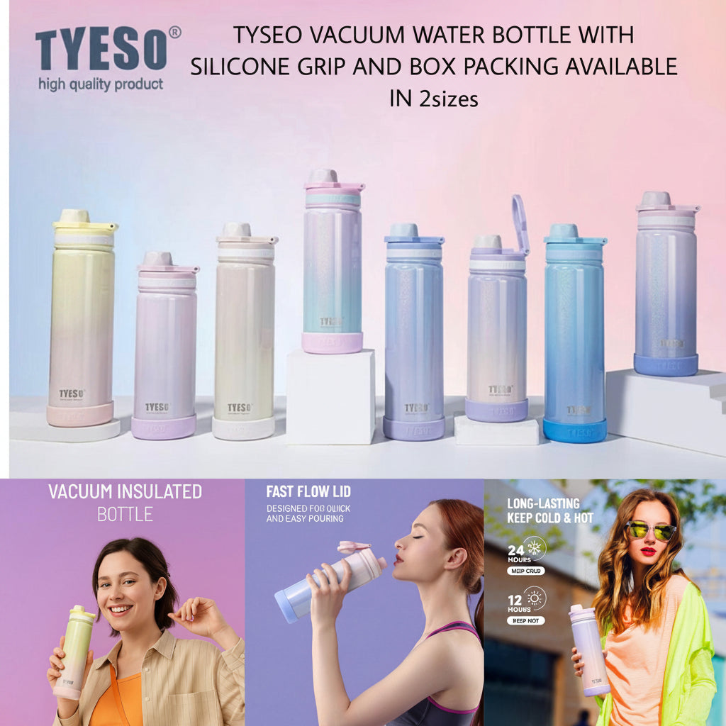 Tyeso Vacuum Water Bottle with Silicone Grip |  600ml | Insulated Bottle.