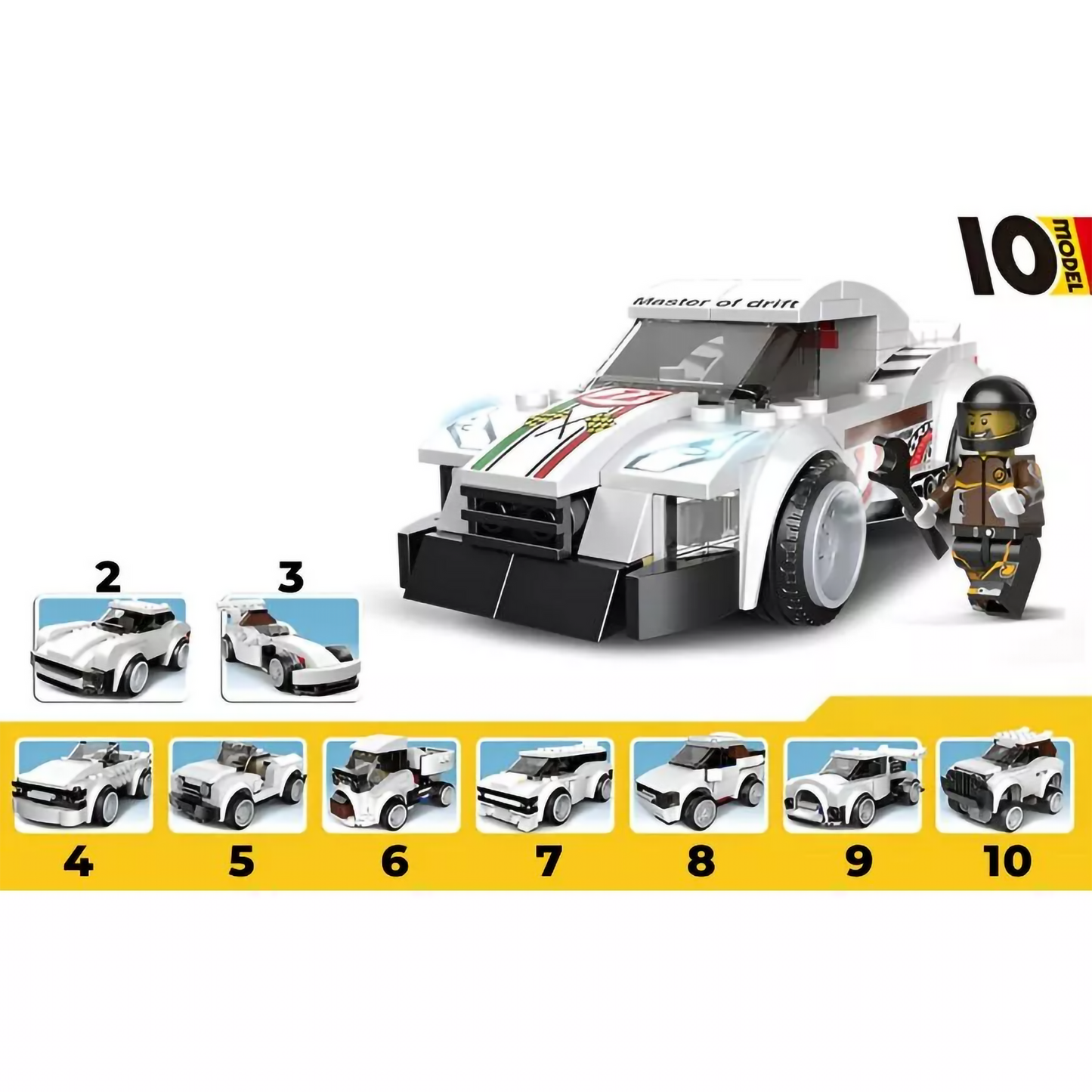 White Thunder Race Car 10-in-1 Building Blocks – 181+ Pcs DIY Set