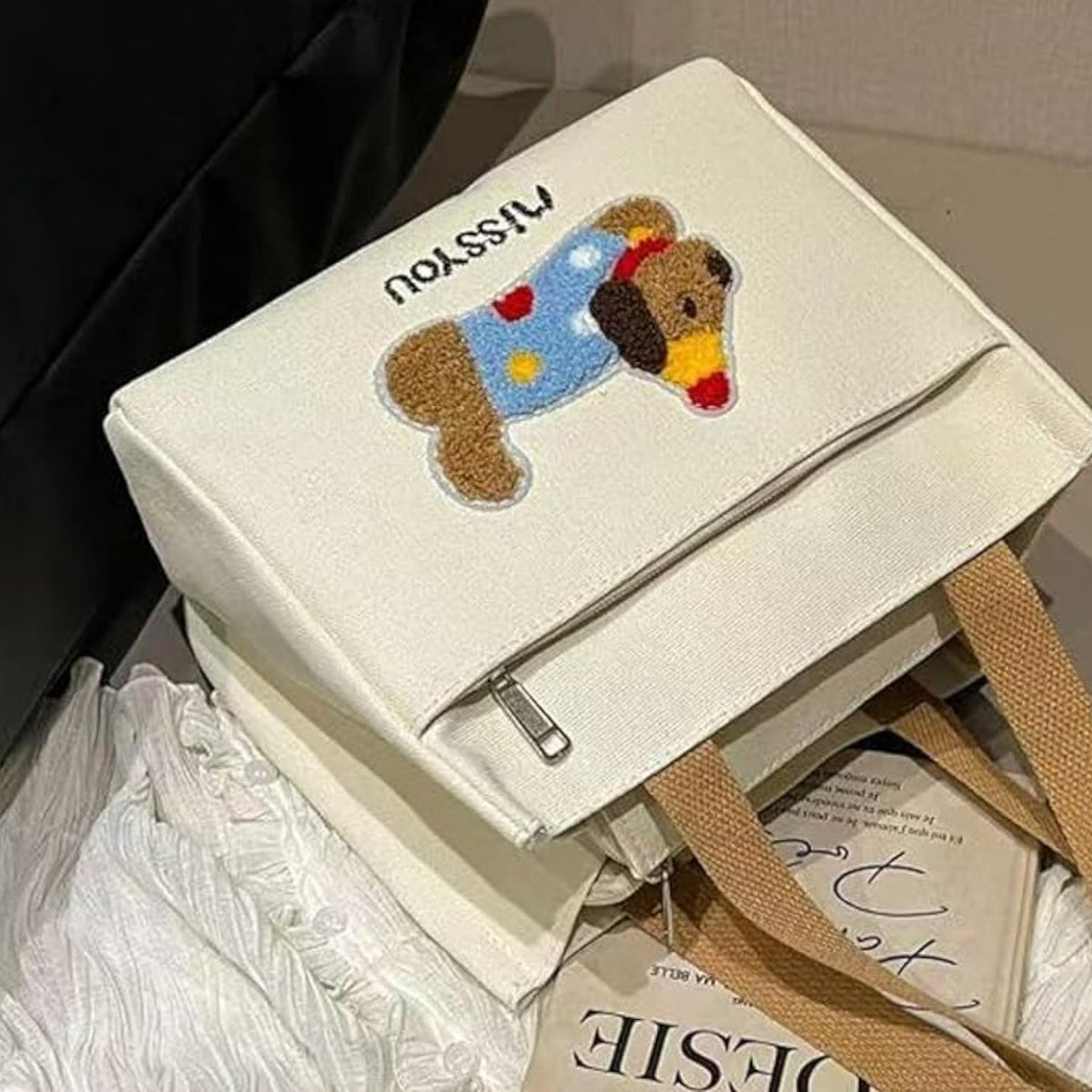 Cute Dog Embroidered Canvas Tote Bag | Everyday Shoulder Bag