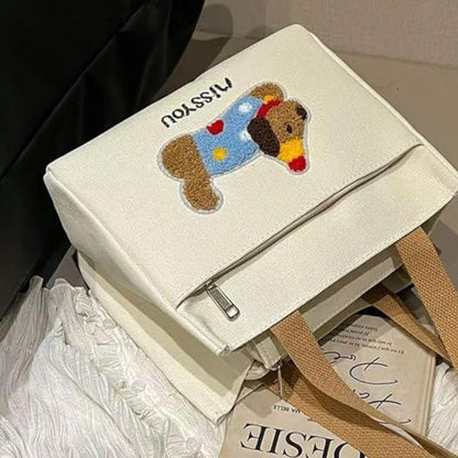 Cute Dog Embroidered Canvas Tote Bag | Everyday Shoulder Bag