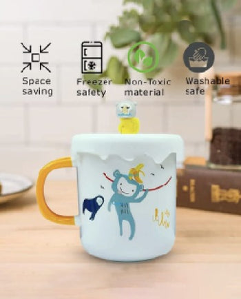 Cute Wild Monkey Ceramic Mug with Lid | Kids Cartoon Coffee Cup with Handle.