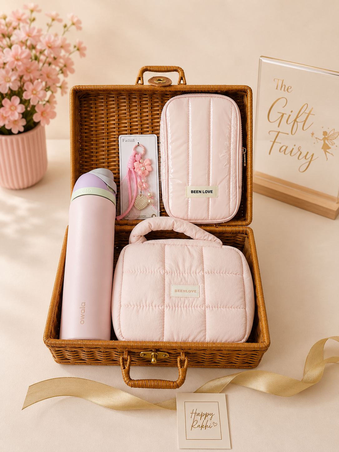 Rakhi Hamper for Sister | Blush Pink Luxury Gift Hamper with Cane Basket