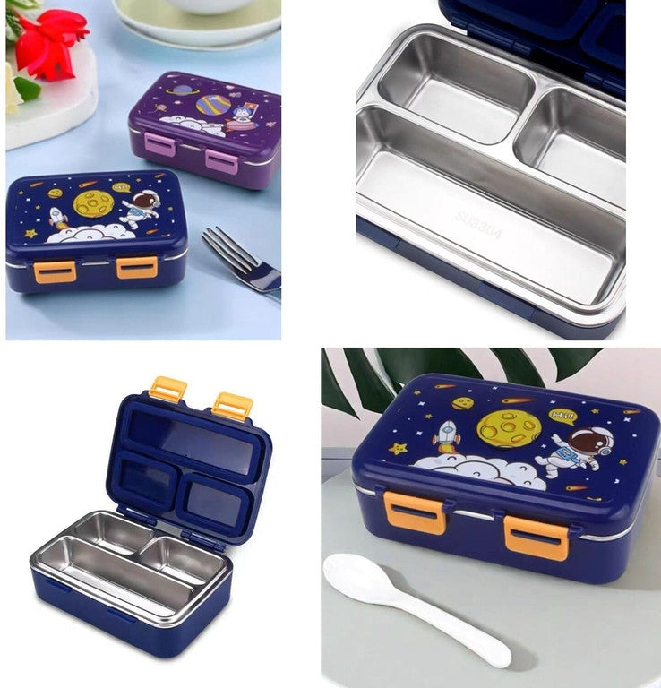 Space Print Thermal Insulated Lunch Box| 3 Compartment Steel Lunch Box| Spill Proof | 550ml.