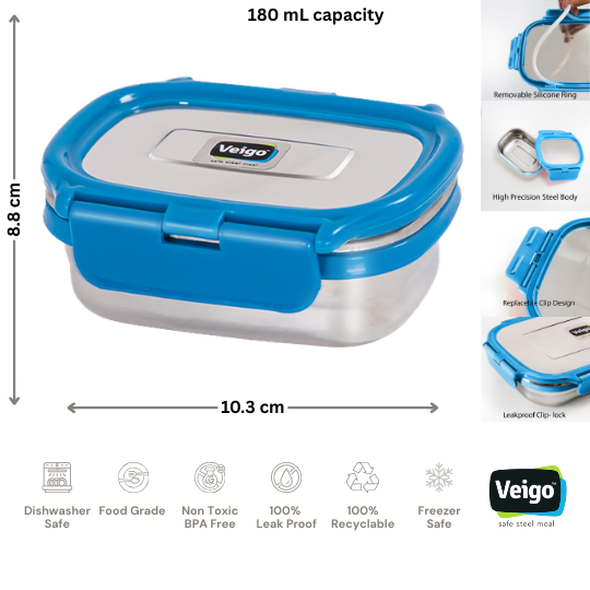 Veigo Small Stainless Steel Clip-On Food Container | Leakproof | 180ml