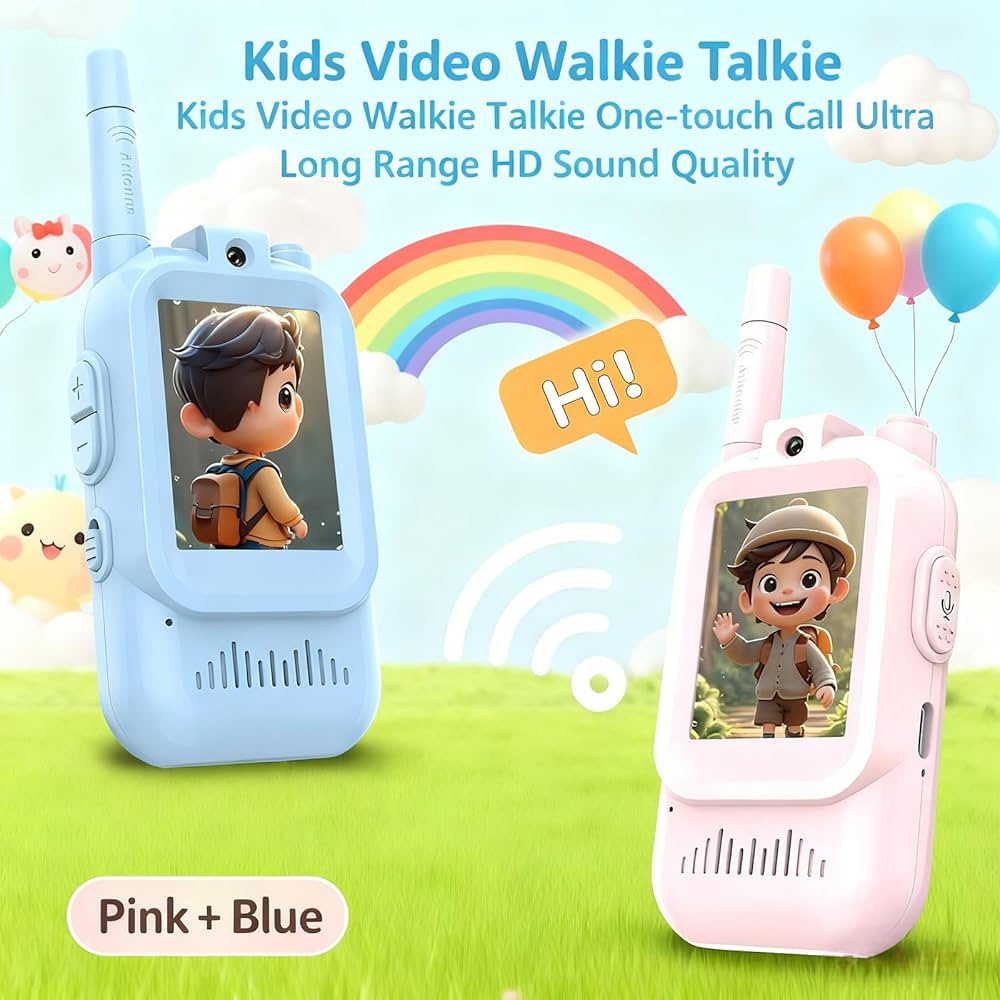 Two colorful walkie talkies for kids with screens displaying cartoon characters, set against a cheerful background with a rainbow and balloons.