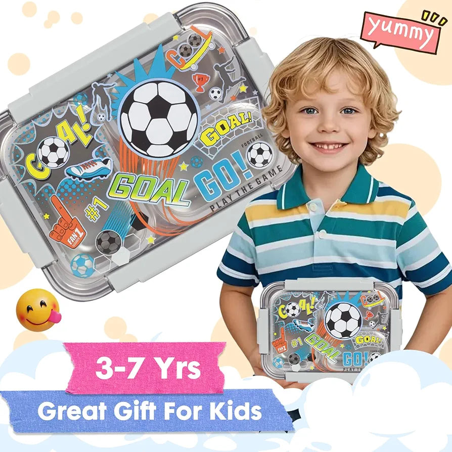 Vest Premium Stainless Steel Bento Lunch Box for Kids | 710ml (23.5oz) | Leak-Proof 3 Compartment | BPA-Free | Football Print