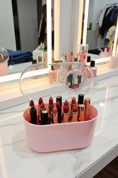 Pinteresty Pink/White Makeup Organiser Box with Transparent Lid & Mirror.