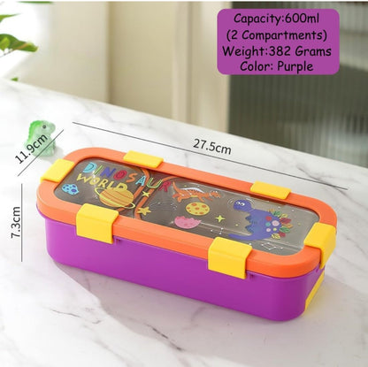 Kids Lunch Box with 2 Compartments | 600ml Stainless Steel Slim Compact Tiffin | Leakproof School Tiffin Dabba Box for Boys & Girls with Spoon & Fork | Lightweight -Space, Dino, Unicorn Prints.