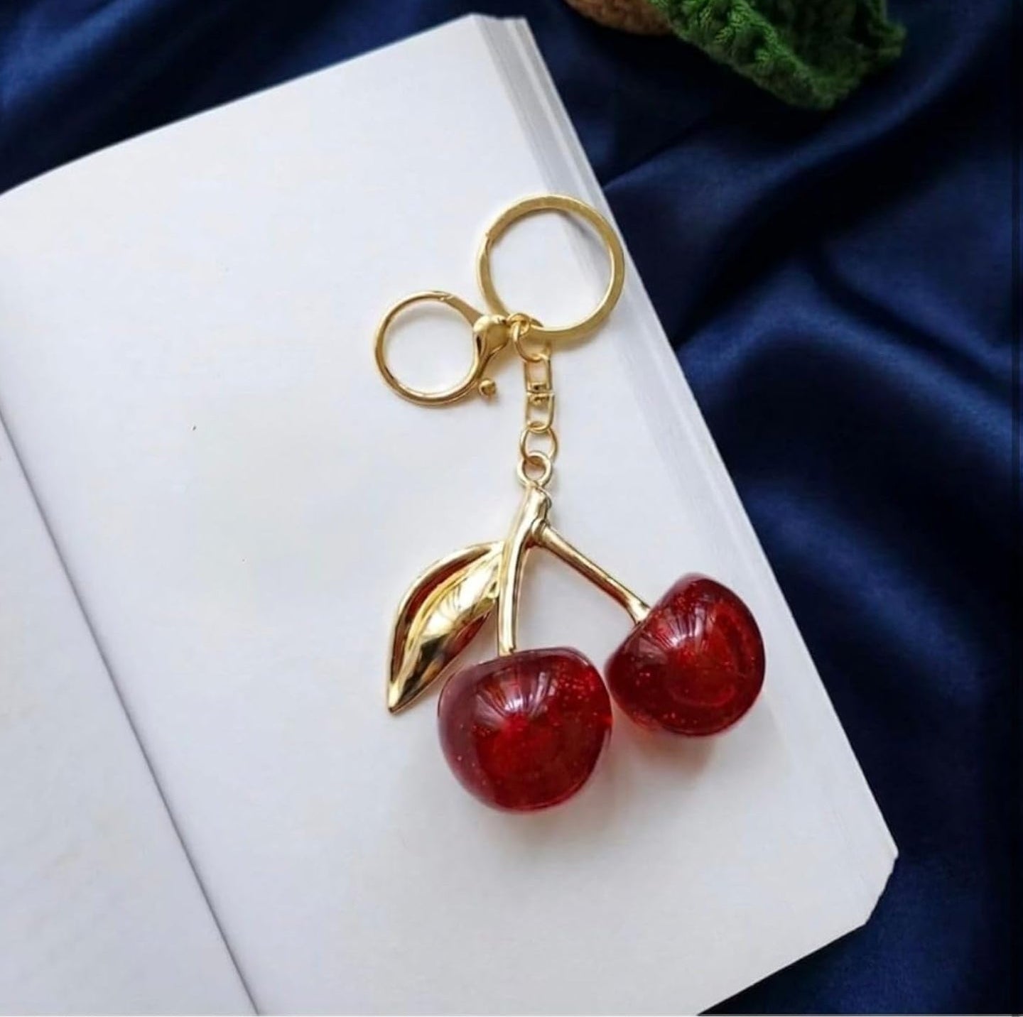 Glitter Cherry Keychain, Red Crystal Resin Charm, Gold-Tone Metal Leaf, Lobster Clasp, 67mm Pendant, Bag Accessory