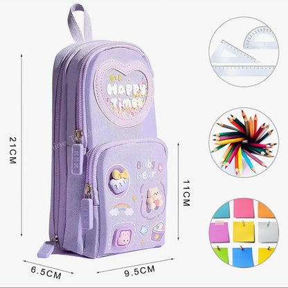 Cute Kawaii 3-Compartment Pencil Pouch – Heart & Glitter Design