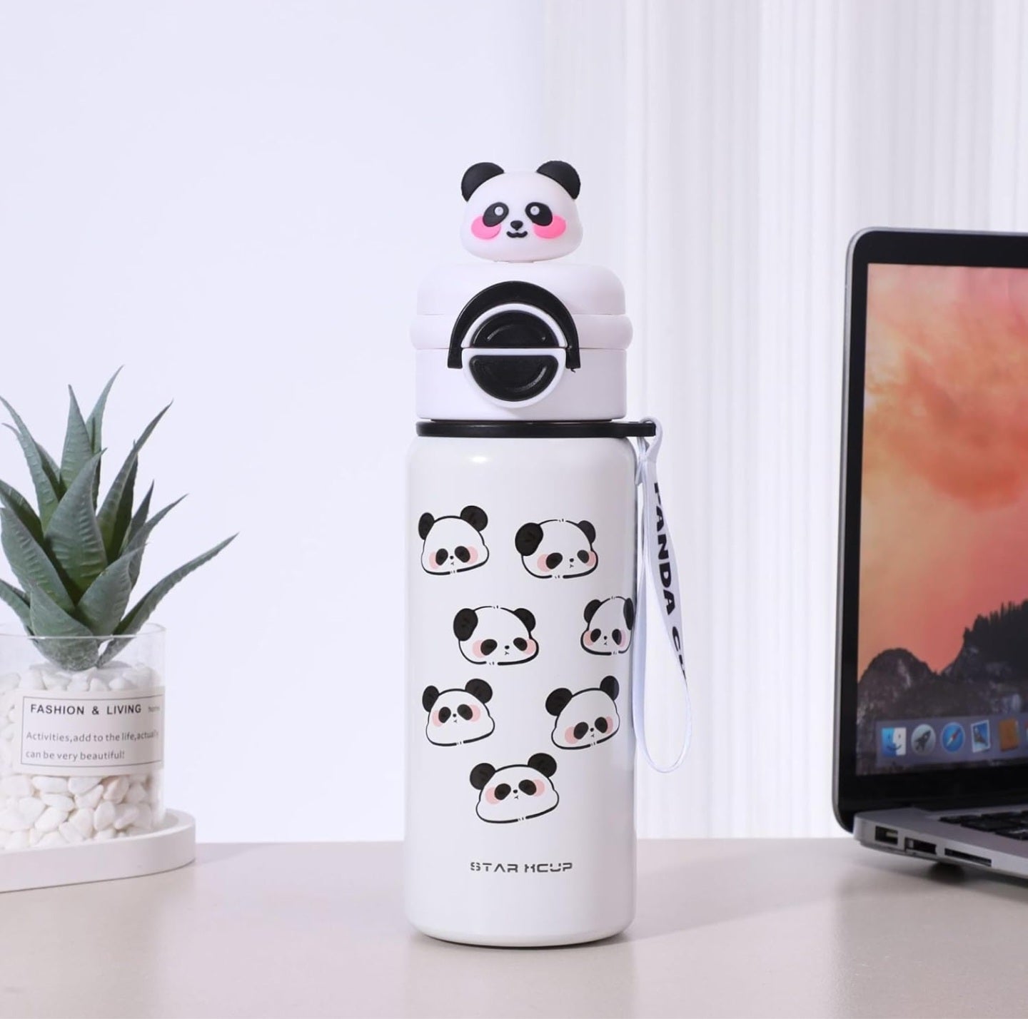 Cute Panda Water Bottle for School Kids (500ml) | Leak-Proof | Flip Cap & Strap |Dual Cap | Stainless Steel Bottle for Boys & Girls (White)