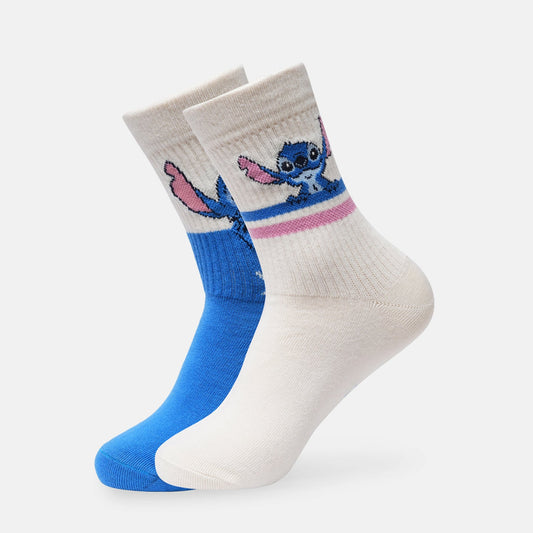 Disney Stitch Women’s Crew Socks – Blue & Cream with Pink Stripe Design [Pack of 2Pair]